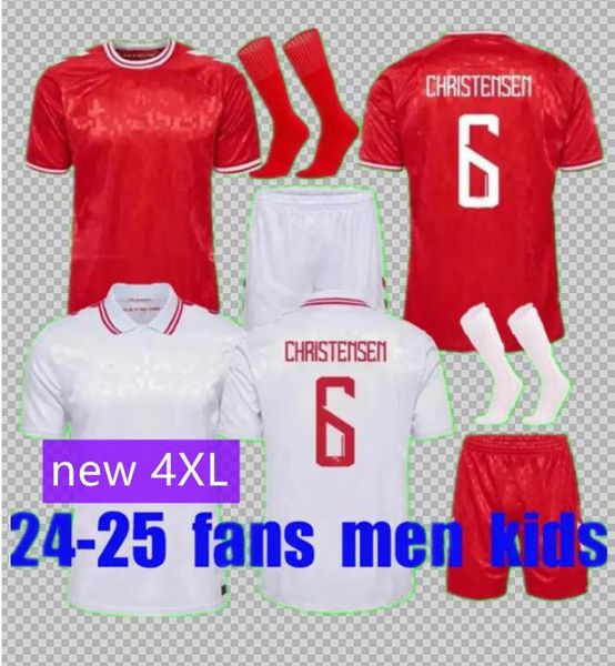 4XL 2024 2025 Danimarca Maglia da calcio Euro Cup Nuova Nazionale Maglia da calcio da uomo Kit per bambini Set completo Casa Rosso Away Bianco Uomo Uniforme CHRISTENSEN JENSEN ERIKSEN DOLBERG