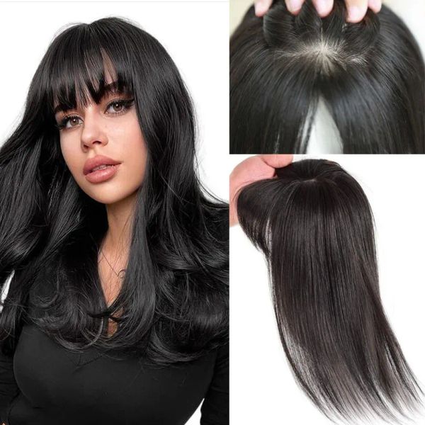 Toppers Air Bangs European Virgin Human Hair Toper zum Ausdünnen von 1018 Zoll 2 cm PU um Seidenbasis -Kopfhaut -Topper mit Pony for Women