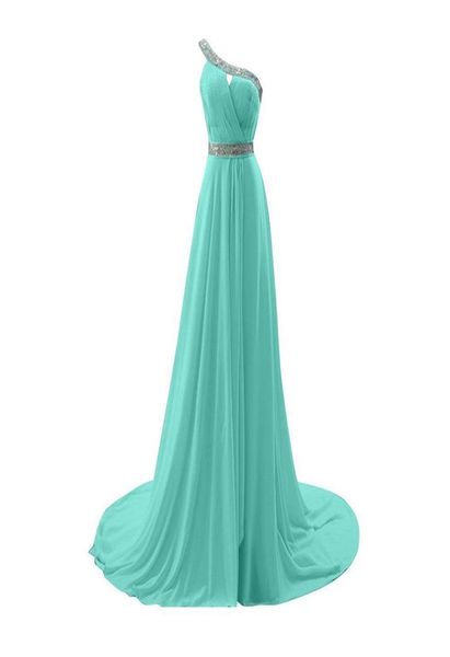 Abiti da damigella d'onore eleganti in chiffon blu Tiffany con una spalla e cristalli Aline che bordano abiti da damigella d'onore con lacci sul retro Gu9184508