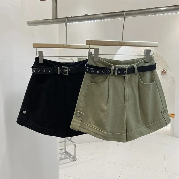 Shorts femininos booty com bolsos de cinto a linha de cintura alta calças curtas feminino estilo coreano dobras sólida primavera streetwear moda dropship