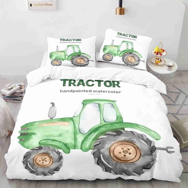 Quilts Cartoon-Traktor-King-Queen-Bettbezug, Aquarell-Stil, Bagger-Bettwäsche-Set für Kinder, Maschinen, Bulldozer, Polyester-Bettbezug 240321