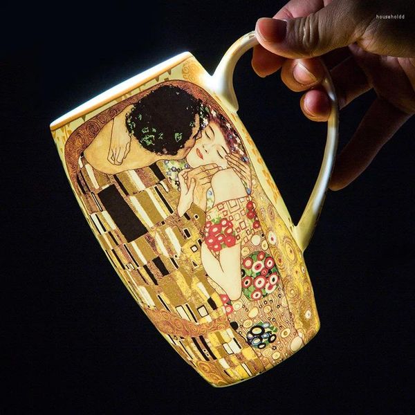 Canecas Klimt Grande Caneca Pintura A Óleo Beijo Cerâmica Xícara de Café Osso China Criativo Café da Manhã Copos com Tampa Colher Caixa de Presente Personalizada