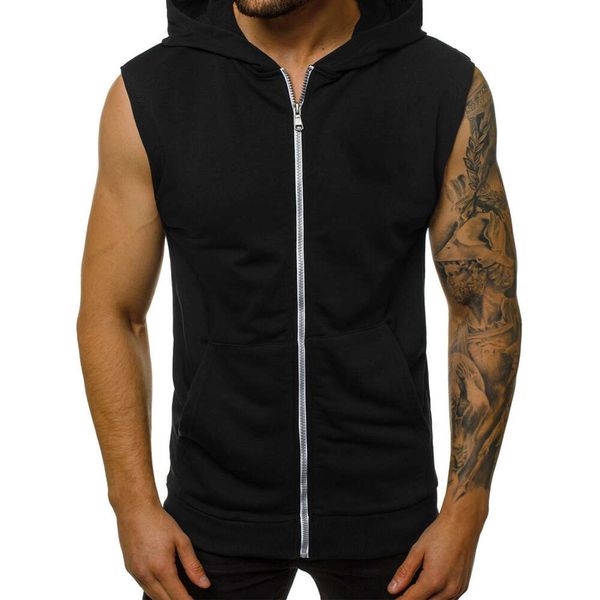 Cross border masculino verão estilo fino europeu e americano moda fitness sem mangas colete, jaqueta cardigan com capuz, homens na moda