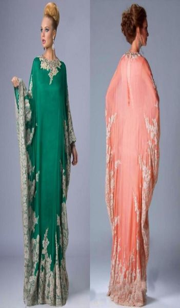 Neue Chiffon-Kaftan-Dubai-arabische Abendkleider mit langen Ärmeln, Applikationen, Spitze, tailliert, muslimische Kleider für die Brautmutter, Übergröße, D7462362