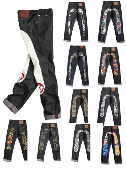 evisuujeans jeans firmati da uomo Jeans dritti Scheletro Ricamo pantaloni in denim effetto consumato strappato biker nero blu Jeans larghi pantaloni lunghi fgh67