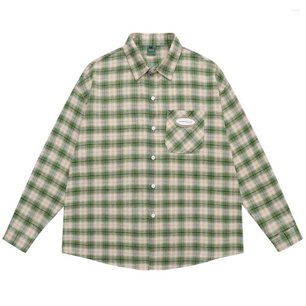 Camisas casuais masculinas camisa de flanela xadrez verde masculina gola virada para baixo manga comprida