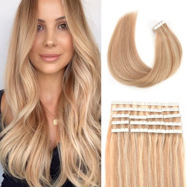 Extensões de cabelo aw mini fita em extensões de cabelo humano não remy natural pele macia trama adesiva cabelo 12''24'' fita sem costura reta ins