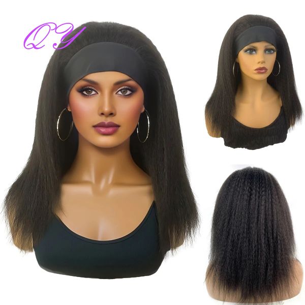 Parrucche Parrucca sintetica Parrucche per capelli diritte Yaki da donna africane Parrucche per capelli nere di media lunghezza Acconciatura da donna Parrucca da donna quotidiana con turbante