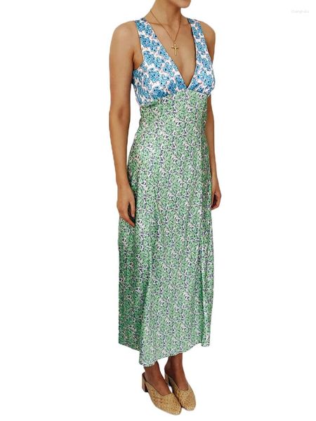 Vestidos casuais yoawdats mulheres halter backless praia vestido longo floral impressão sexy sem mangas v pescoço boêmio flowy festa maxi