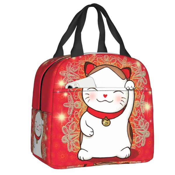 Bonito Maneki Neko Acenando Sacola de Almoço Isolada para Mulheres Japonês Lucky Cat Resuable Thermal Cooler Bento Box Camping Travel 240320