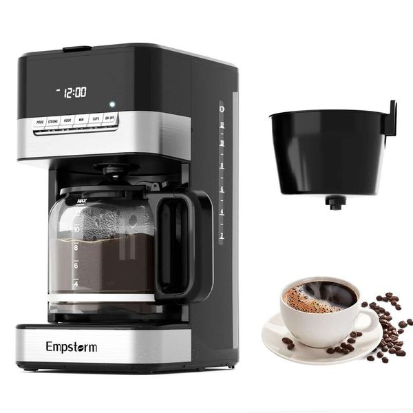 Empstorm Programmierbarer 12-Tassen-Kaffeebereiter mit 1000 W, schnelle Kaffeezubereitung, Glaskaraffe, automatische Abschaltung, 4 Stunden Warmhalten, Anti-Tropf-System, starkes Aufbrühen, Schwarz mit