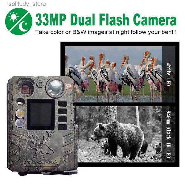 Av Trail Kameraları 33MP BG410-D Çift Flash (Siyah Kızılötesi ve Beyaz LED) 940NM Görünmez Taşınabilir Av Oyunu Kamera 2.7K Video Güvenlik İzleme Kamerası Q240321