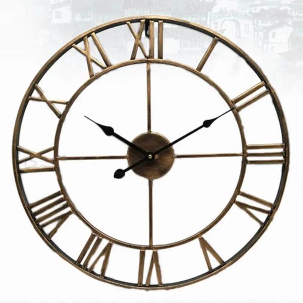 Relógios de parede redondos, 40/45cm, metal, numeral romano, retrô, face de ferro, preto, dourado, grande, jardim ao ar livre, decoração de casa