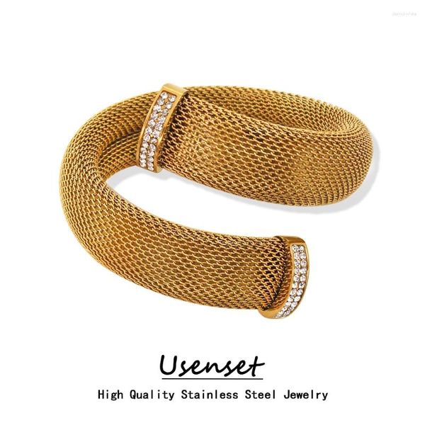 Armreif USENSET 12mm 16mm Chunky Wide Gold Farbe Edelstahl Armband Mode Damen Curve Mesh 3A CZ Manschette Hohe Qualität