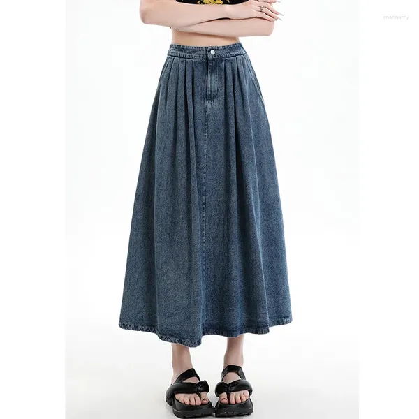 Saias femininas primavera verão vintage denim saia moda cintura elástica a linha solta longa casual azul escuro jeans