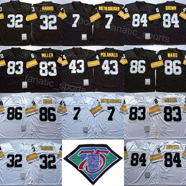 Retro Futebol 83 Heath Miller Jersey 1975 Vintage 84 Antonio Brown 86 Hines Ward 32 Franco Harris 7 Ben Roethlisberger 43 Troy Polamalu 75º aniversário costurado