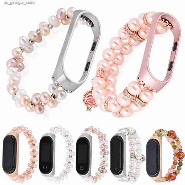 Assista Bandas Branco Rosa Pérolas Pulseira Mulheres Stretch Strap Band para Xiaomi Mi Band 4 3 Strap Substituição Pulseira com Capa Y240321