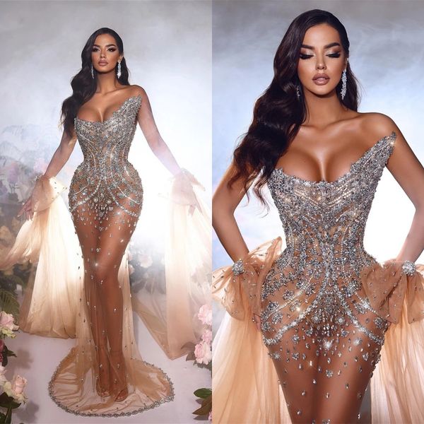 Vestidos de casamento de cristal moderno ver através de sereia vestidos de noiva frisado magro sexy ilusão feito sob encomenda sem mangas vestidos de novia