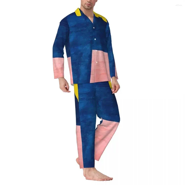Homens sleepwear colorblock outono formas geométricas vintage oversize pijama conjuntos homem mangas compridas macio noite design casa terno
