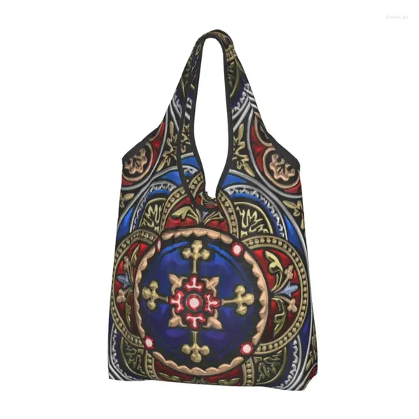 Borse portaoggetti Borsa per la spesa con croce sacra medievale decorata in pelle nera. Borsa per la spesa con tracolla divertente