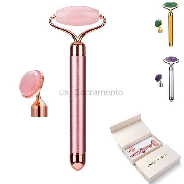 Massageador facial 2 em 1 vibração elétrica natural rosa quartzo jade rolo facial elevador cristal jade rolo facial ferramenta de massagem de beleza 240321