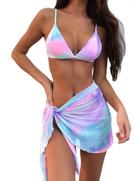 Costume da bagno da donna Costume da bagno a tre pezzi con pareo Tie Dye Bikini Costume da bagno da donna Costume da bagno femminile