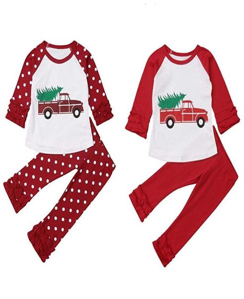 Kinder Weihnachten Kleidung Set Spitze Lange Ärmel Dot Auto Cartoon Gedruckt TopDot Flare Hosen Anzug Outfits Weihnachten Kleidung Mädchen T-shirt G2131666