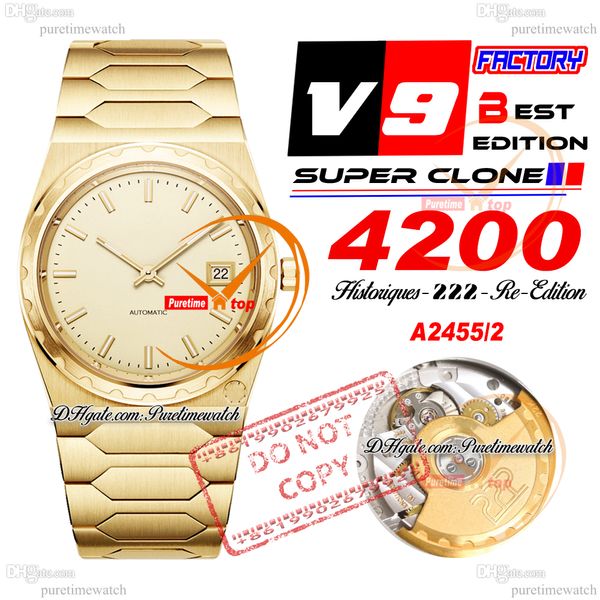 Historiques 4200H 222 Jumbo A2455 Relógio automático masculino feminino unissex V9F 37mm mostrador em ouro amarelo pulseira de aço inoxidável Super Edition Puretimewatch Reloj Hombre f2