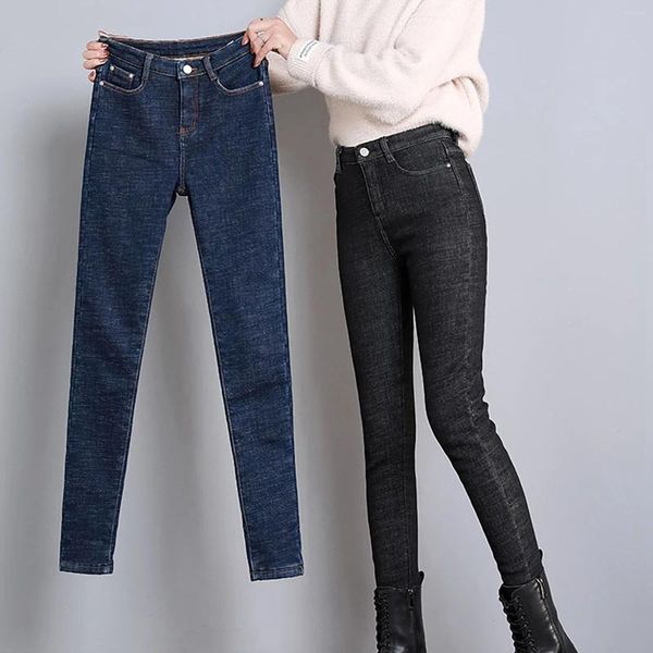 Jeans da donna Alla moda da donna Streetwear Moda Solido addensato Pantaloni caldi Slim Fit Vita alta per donna raffinata Ropa De Mujer