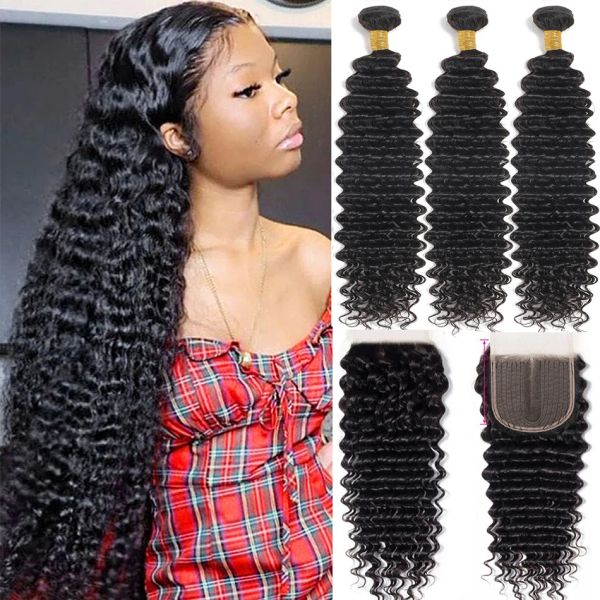 Perucas tissage onda profunda cabelo humano brasileiro 3 pacotes com fechamento virgem encaracolado onda solta cabelo humano pacotes de onda de água com fechamento