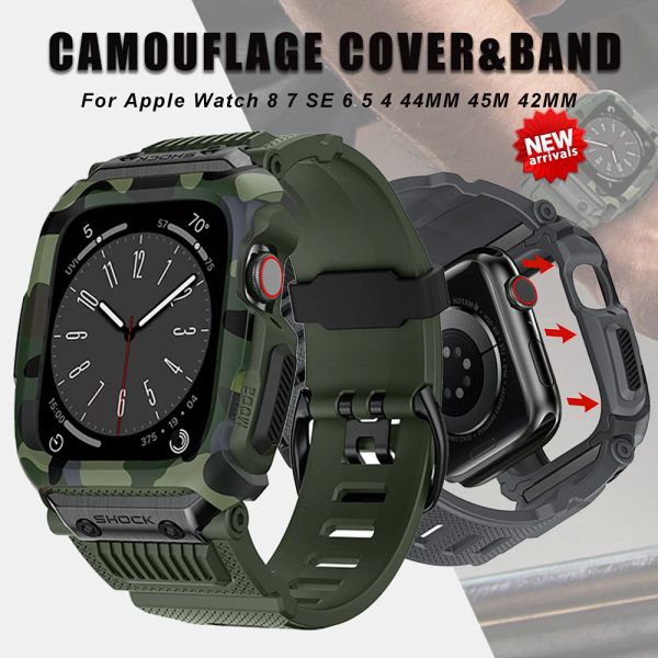 Relógios camuflados do exército, capa esportiva para apple watch 8 7 se 6 band 45mm 44mm 42mm, à prova d'água, resistente a quedas, kit mod com alça integrada