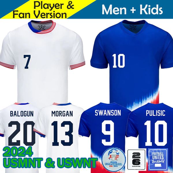 Maglie da calcio USAS 2025 Copa America USWNT Kit donna per bambini USMNT 24/25 Maglie da calcio casa lontano da uomo Versione giocatore 2024 PULISIC SMITH MORGAN BALOGUN Plus Size