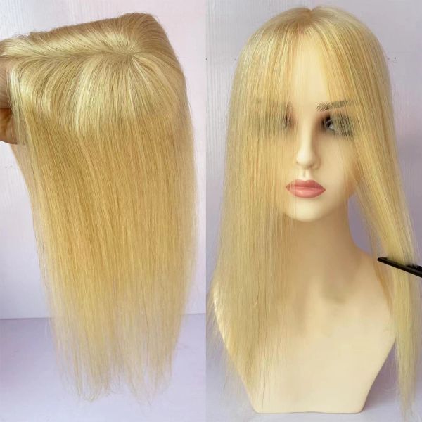 Toppers Light Blonde Human Hair Topper com clipes em peças de cabeceira Campo de seda de seda Toupe de cabelo virgem para mulheres brancas cor #613