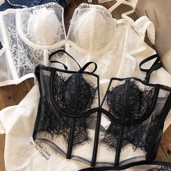 Reggiseni S M L XL Bianco Nero Profondo scollo a V Ciglia Set di biancheria intima in pizzo Gilet a spina di pesce Top modellante francese Lingerie ultrasottile trasparenteC24315