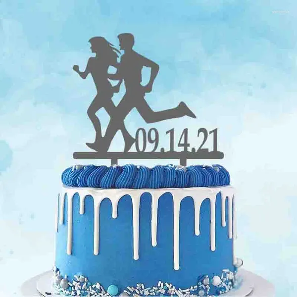 Forniture per feste Coppia personalizzata che corre Cake Topper Data personalizzata Mr Mrs Jogging Silhouette per la decorazione dell'anniversario di matrimonio