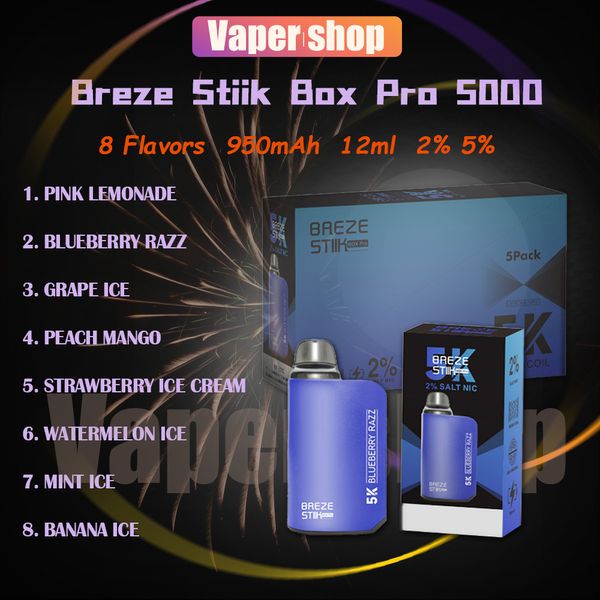 Sigaretta elettronica usa e getta originale Breze Stiik Box Pro 5000 12ml Pod preriempito Bobina a rete Aria condizionata ricaricabile 2% 5% Sbuffi 5k Vape Pen