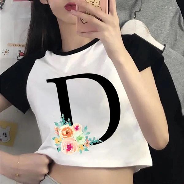 Женские футболки, черный укороченный топ с буквенным принтом, цветочным принтом A-Z, алфавитом и цветочным рисунком для женщин, с короткими рукавами, модная футболка в стиле Харадзюку для девочек