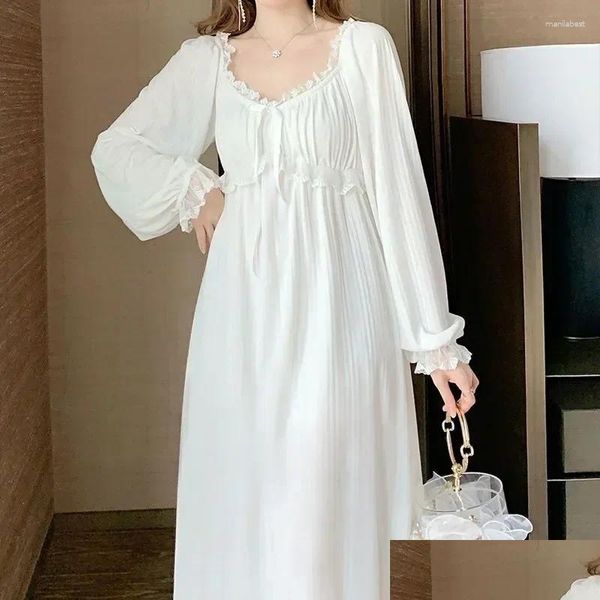 Damen-Nachtwäsche, Nachthemd, Stück, weiß, elegant, Rüschen, Kleid, Stil, Nachtpyjama, Zuhause, koreanisches One-Wear-Herbst, Spitze, Langarm, Drop Del Otcpj