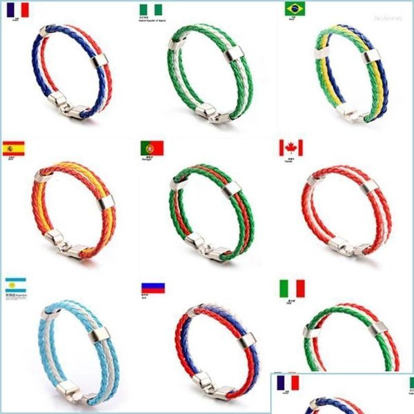 Braccialetti con ciondoli Braccialetti con ciondoli Moda Russia Spagna Francia Brasile Bandiera Bracciale in pelle per squadra Uomini Tifosi di calcio Coppie Regalo Gioielli D Dh4L8