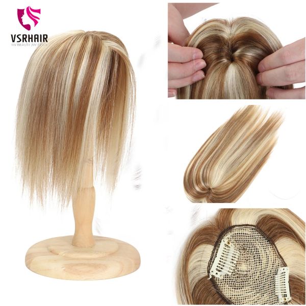 Toppers Vsr Haar-Topper, 100 % Echthaar, Clip-in, einteilig, Klavierfarben, Blond, 25,4 cm, Schweizer Spitze, zwei Clips, Echthaar-Topper für Frauen