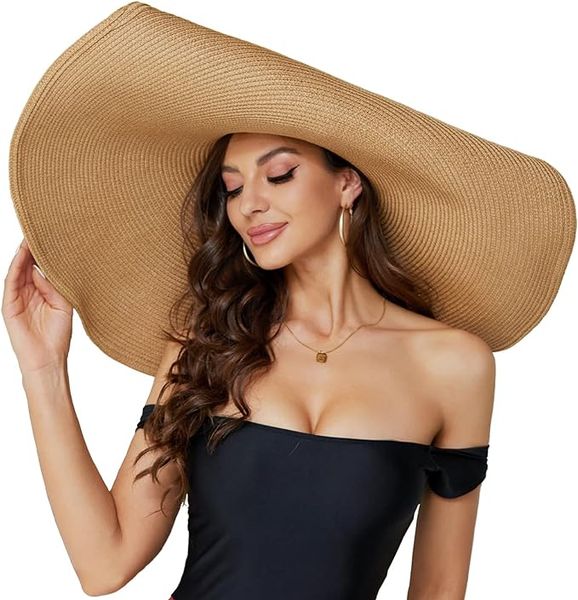 Cappello di paglia da spiaggia oversize da donna, cappelli con visiera a tesa larga larga alla moda Cappello da sole floscio arrotolato fatto a mano per berretto da spiaggia estivo