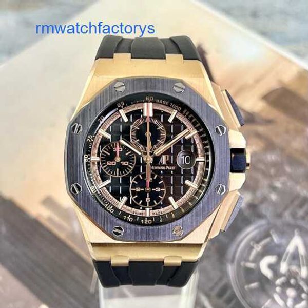 Neueste Markenarmbanduhr AP-Armbanduhr Royal Oak Offshore-Serie 44 mm Durchmesser 18 Karat Roségold Keramik-Außenring Automatische mechanische Herren-Luxusuhr 26401ROOO