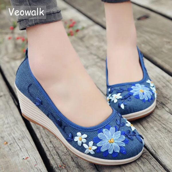 Bombas veowalk feita artesanal nova primavera vintage mulheres bombas chineses deslize em bombas de linho natural encosta salto retro pano tena de sapatos macios