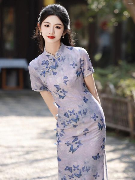 Roupas étnicas Jovem elegante senhora estilo olhar branco seda chique roxo cheongsam primavera e verão chinês manga curta vestido diário wearable