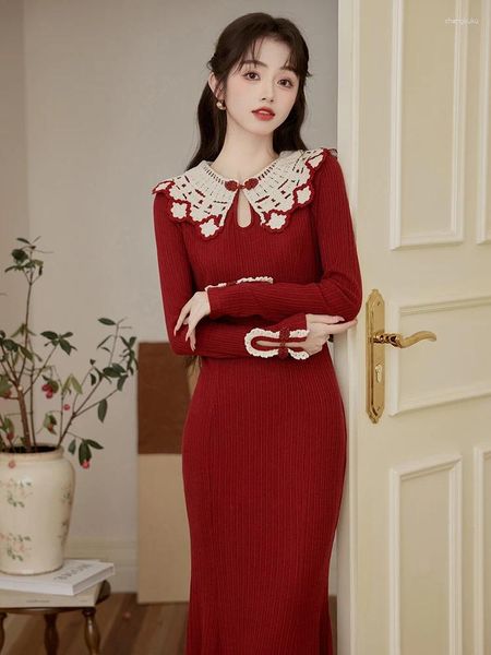 Vestidos casuais vermelho retro manga longa de malha para mulheres primavera chinês vintage tricô vestido flor gancho o-pescoço chique vestido fino