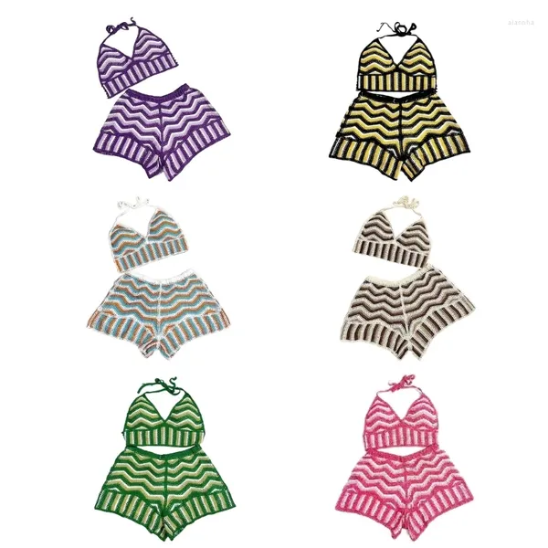 Tute da donna Set da spiaggia Top lavorato a maglia e pantaloncini ricamati Completo da vacanza estiva in due pezzi per donne e ragazze Dropship