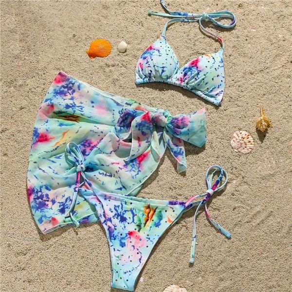 Damen-Bademode, Tie-Dye-Druck, String-Bikini, Strass-Set, Micro-Tanga, Überwurf-Badeanzug, schicker 3-teiliger Damen-Badeanzug, Strand-Bikinis