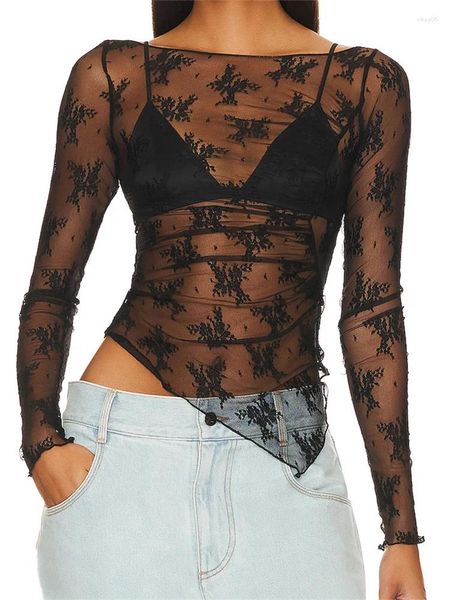 Magliette da donna CHRONSTYLE T-shirt floreali in pizzo da donna Top Manica lunga Orlo asimmetrico Crop Mesh See Through T-shirt slim nere Clubwear