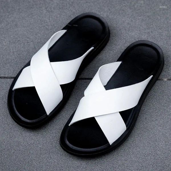 Chinelos 2024 moda masculina couro real verão preto branco/vermelho/amarelo cruz sobre lazer masculino conforto sandálias planas