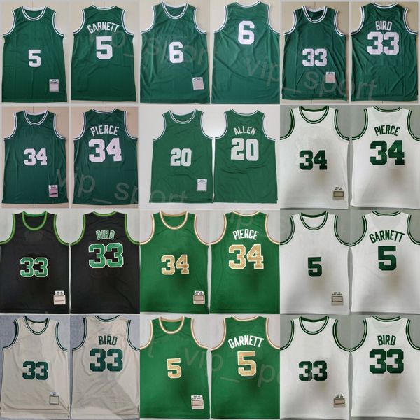 Retro Basketbol Paul Pierce Forma 34 Adam Vintage Kevin Garnett 5 Ray Allen 20 Bill 6 Larry Bird 33 Gömlek Takımı Yeşil Beyaz Siyah Bej Renk Tüm Dikişli Gerileme